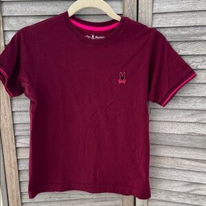 105. Psycho Bunny Kids Burgundy T-Shirt with Pink Accents pre owned 10/12 M
